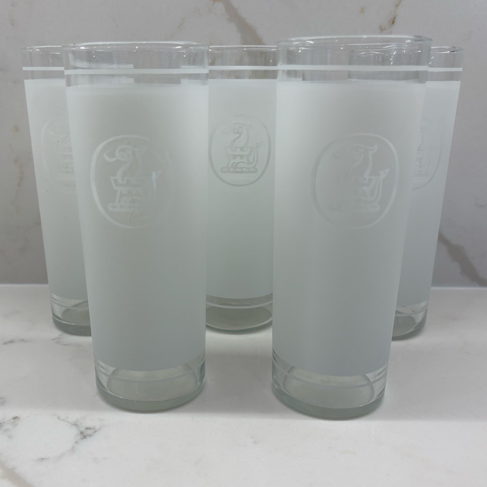 5 Vintage Gilbey's Gin Frosted Highball Glasses with Gryphon Dragon in Turret
